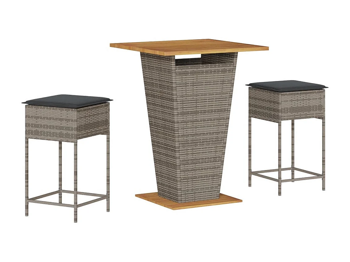 3-tlg. Gartenbar-Set mit Kissen Grau Poly Rattan