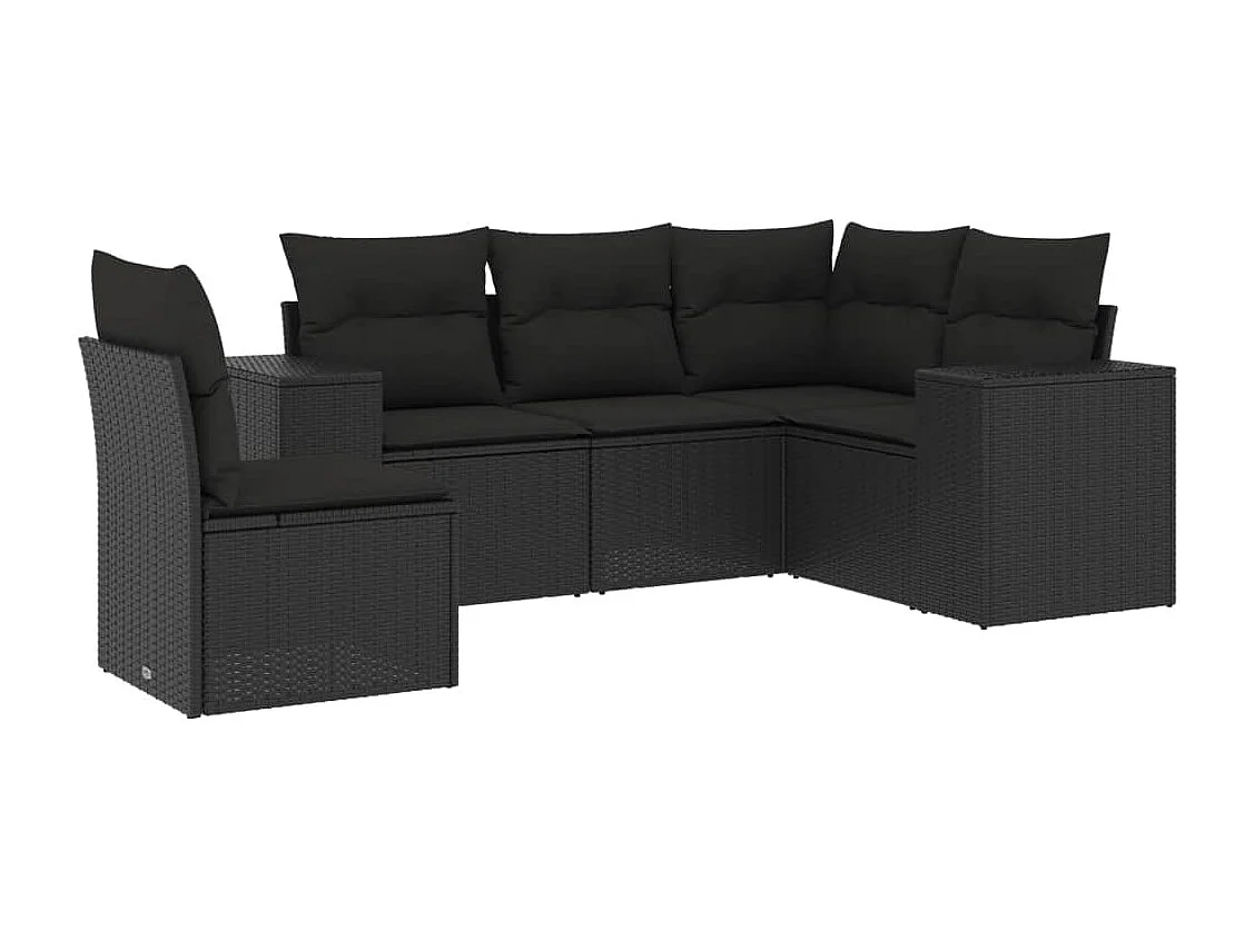 5-delige Loungeset met kussens poly rattan zwart