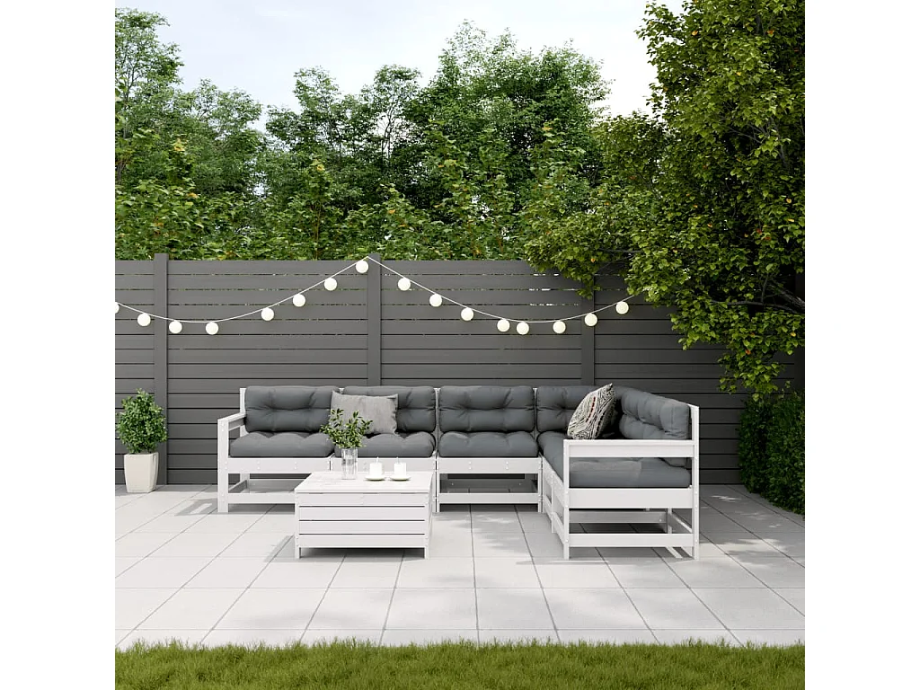 Set Salotto Giardino 7pz con Cuscini Bianco Legno Massello Pino