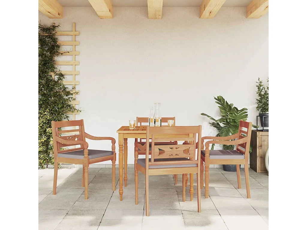 5pcs conj.jantar p/jardim c/almofadões cinza-escuro teca maciça