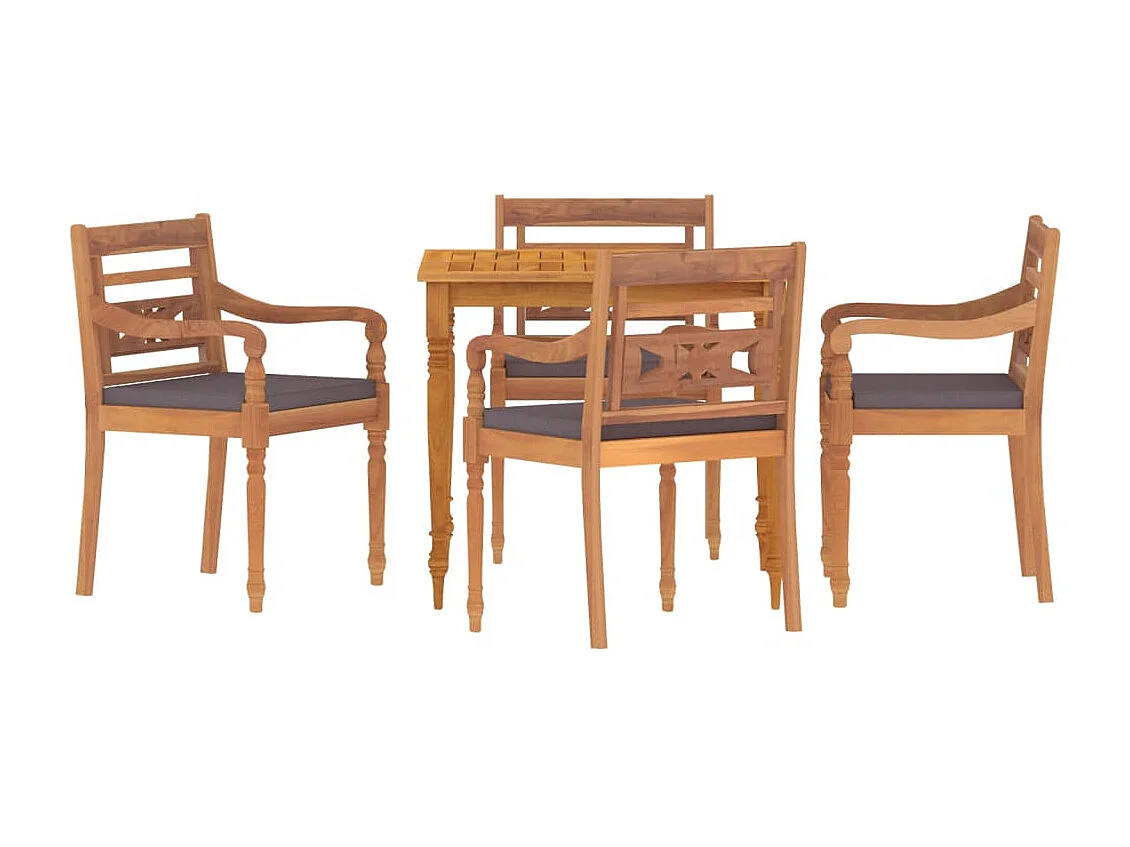 5pcs conj.jantar p/jardim c/almofadões cinza-escuro teca maciça