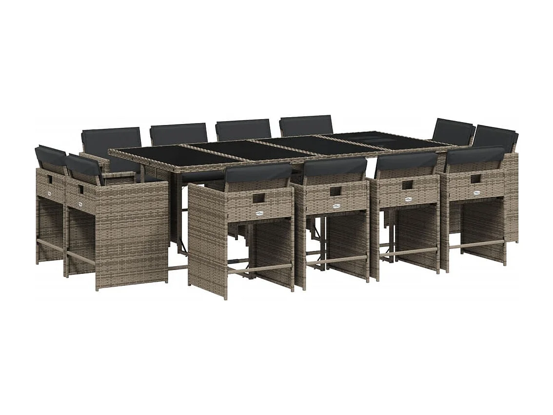 Set da Pranzo da Giardino 13pz con Cuscini Grigio in Polyrattan