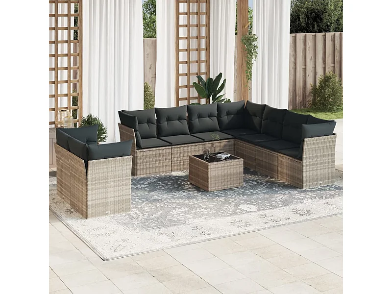 Salon de jardin avec coussins 10 pcs gris clair résine tressée
