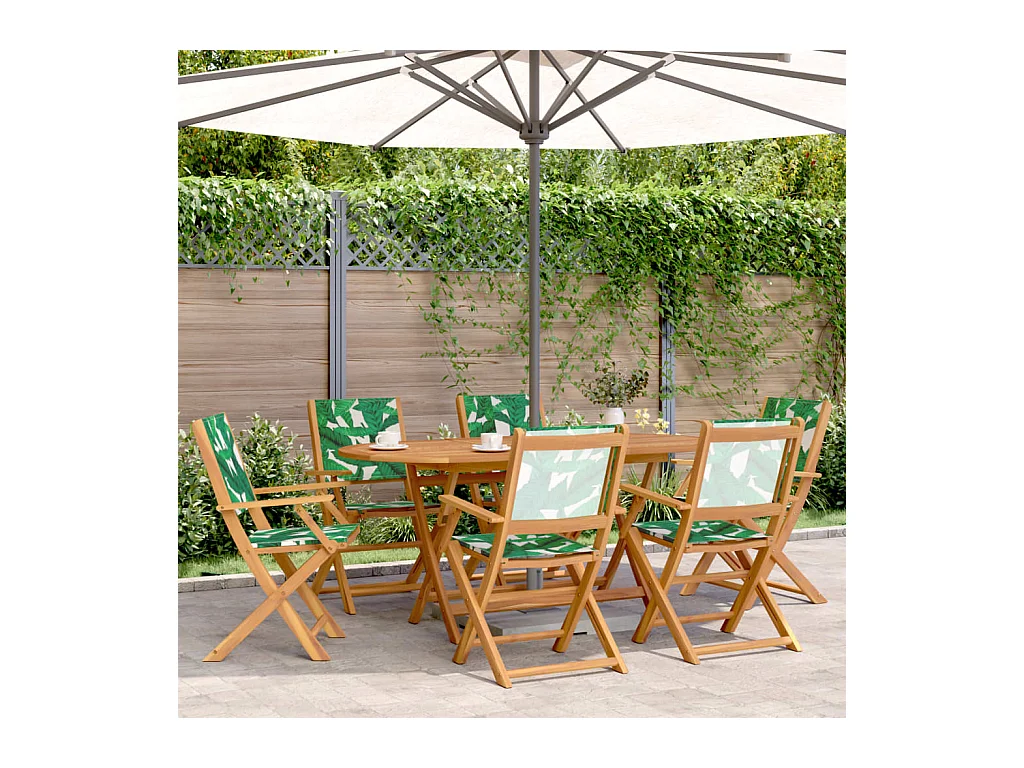 Ensemble à manger de jardin 7 pcs motif de feuilles tissu bois