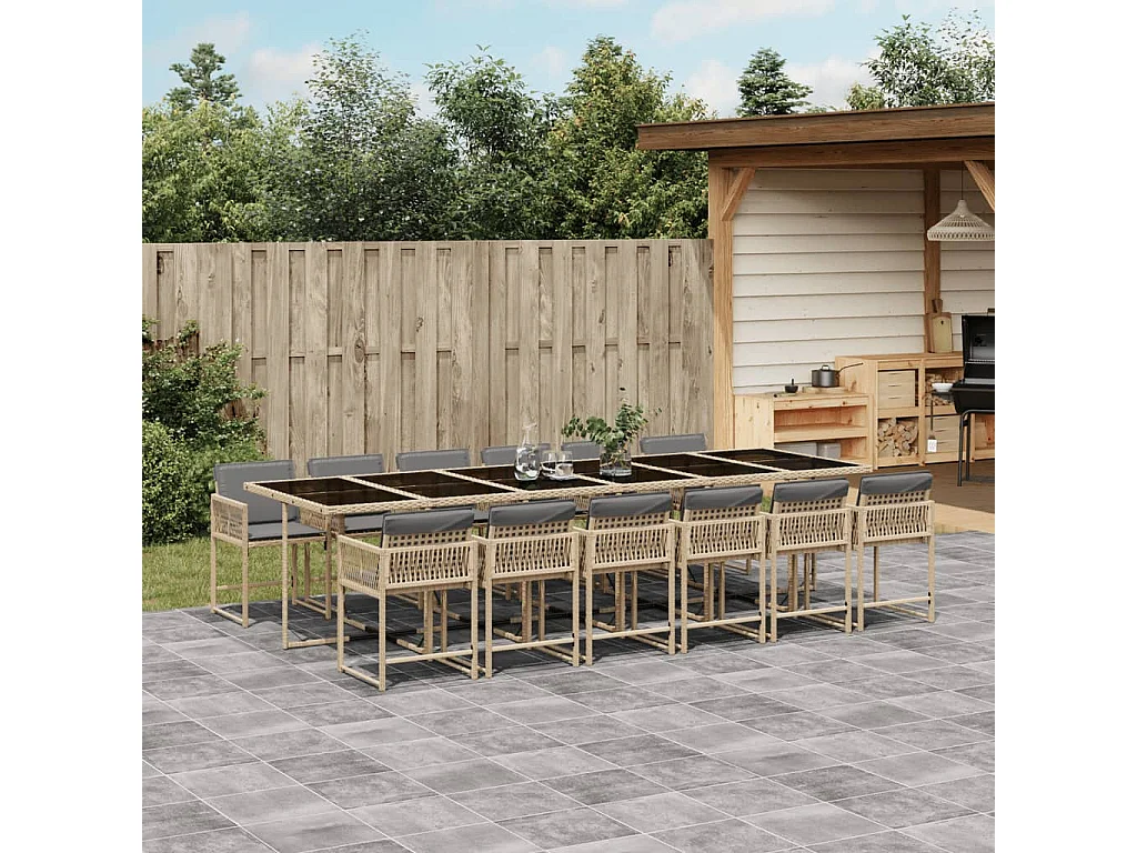 Set Pranzo da Giardino 13 pz con Cuscini Beige Misto Polyrattan