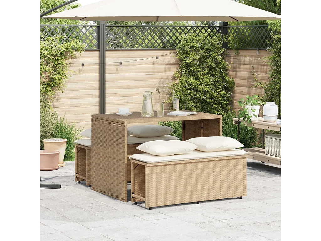 Ensemble à manger de jardin et coussins 3 pcs Beige poly rotin