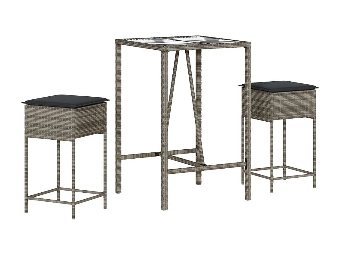 3 pcs conjunto de bar p/ jardim c/ almofadões vime PE cinzento