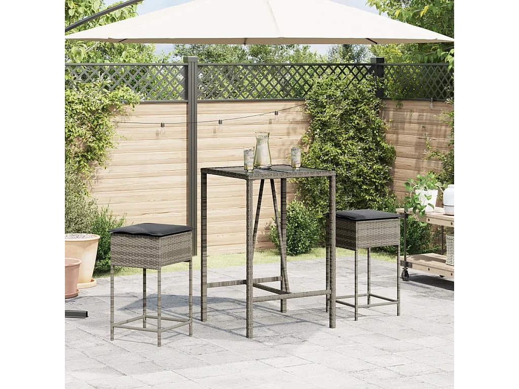 3 pcs conjunto de bar p/ jardim c/ almofadões vime PE cinzento