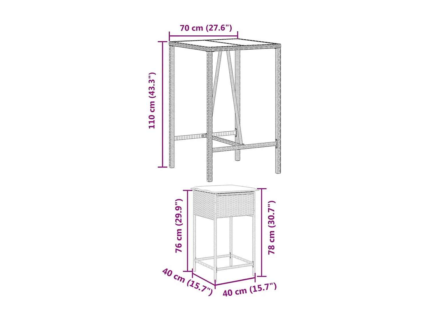 3 pcs conjunto de bar p/ jardim c/ almofadões vime PE cinzento