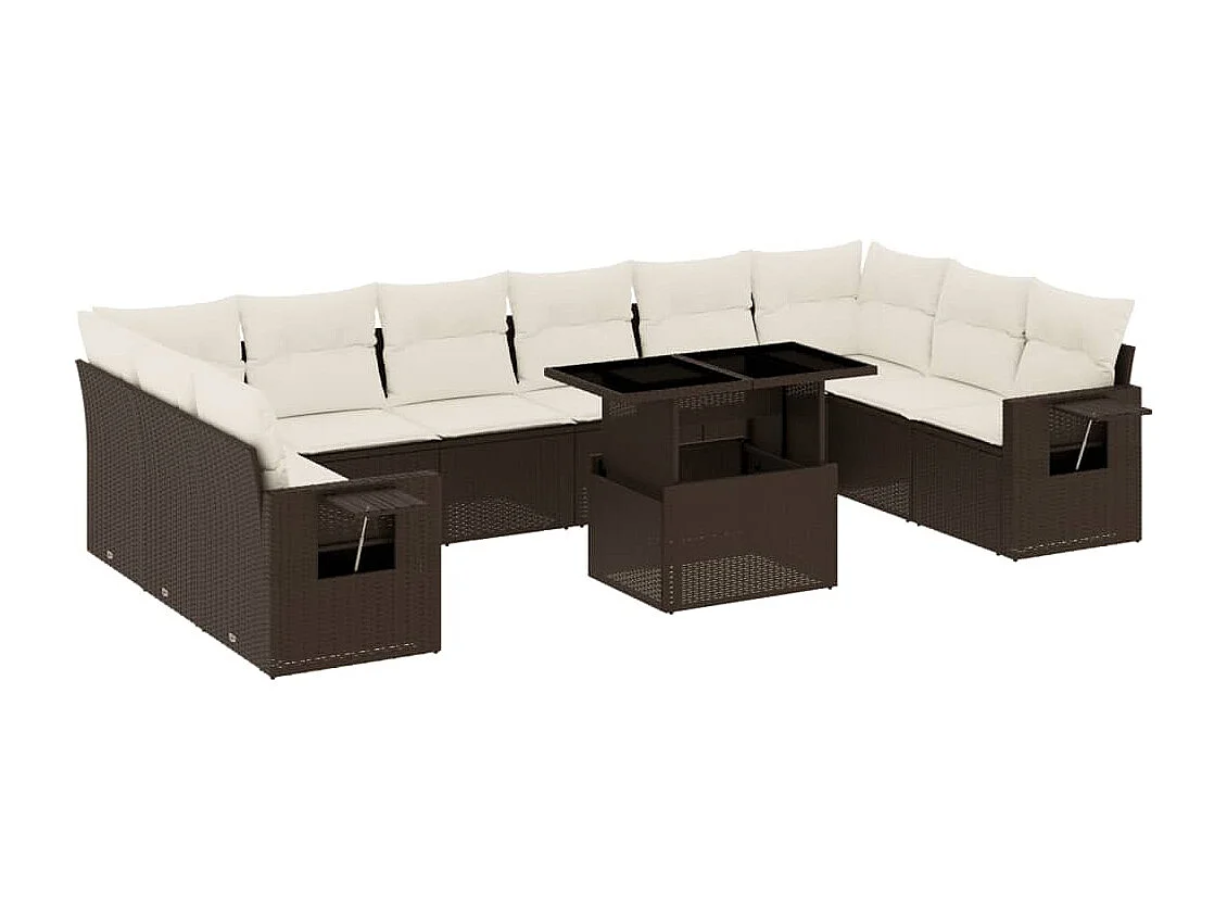 11-tlg. Garten-Sofagarnitur mit Kissen Braun Poly Rattan
