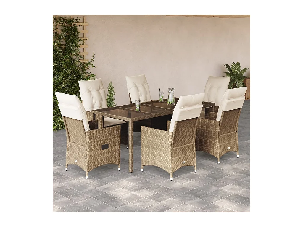 Set da Pranzo da Giardino 7 pz con Cuscini Beige in Polyrattan