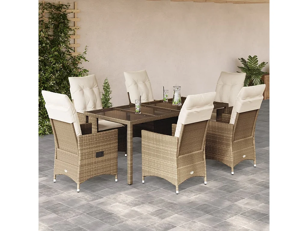 7-delige Tuinset met kussens poly rattan beige