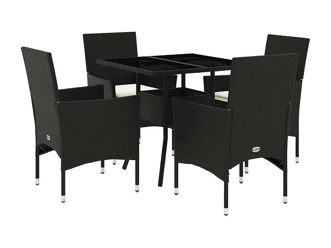 Ensemble à manger de jardin et coussins 5 pcs noir rotin verre