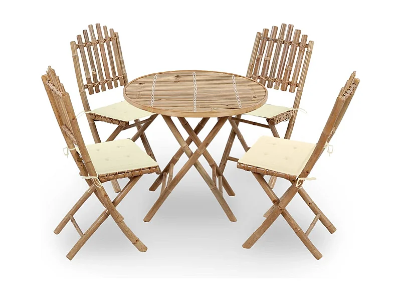 Mobilier à dîner d'extérieur pliable 5 pcs avec coussins bambou