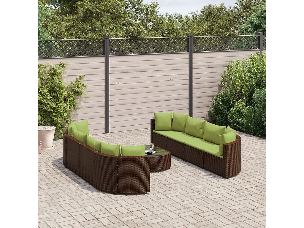 Set Divani da Giardino 9pz con Cuscini Marrone in Polyrattan