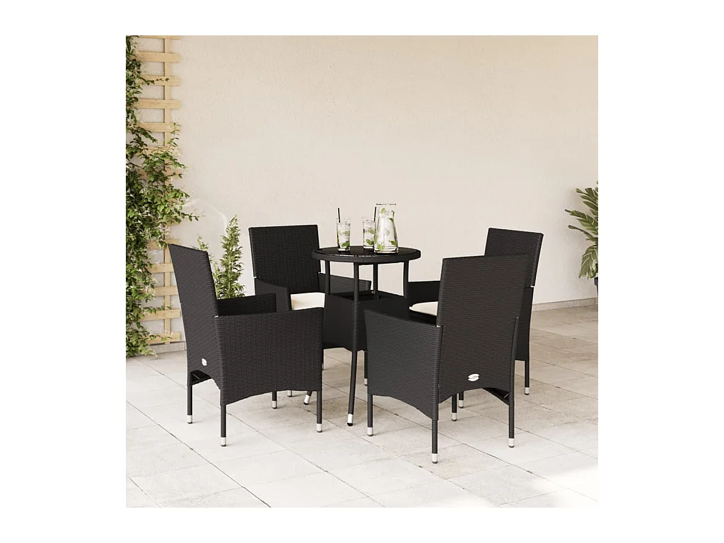Ensemble à manger de jardin et coussins 5 pcs noir rotin verre
