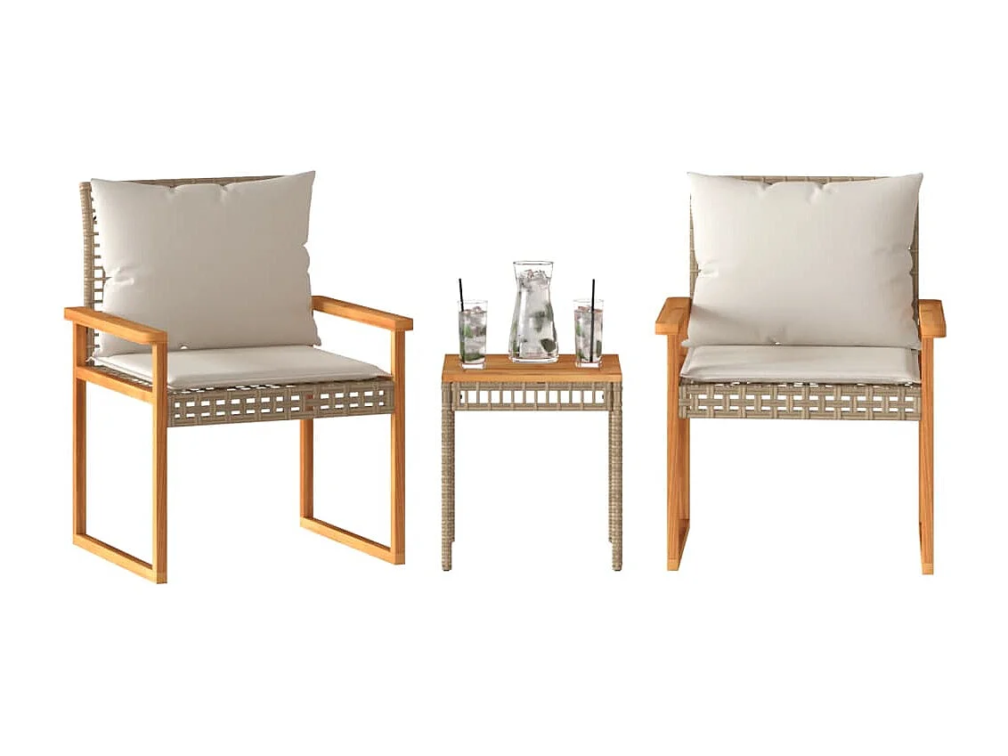 Set da Bistrò 3 pz con Cuscini Beige Misto Polyrattan e Acacia