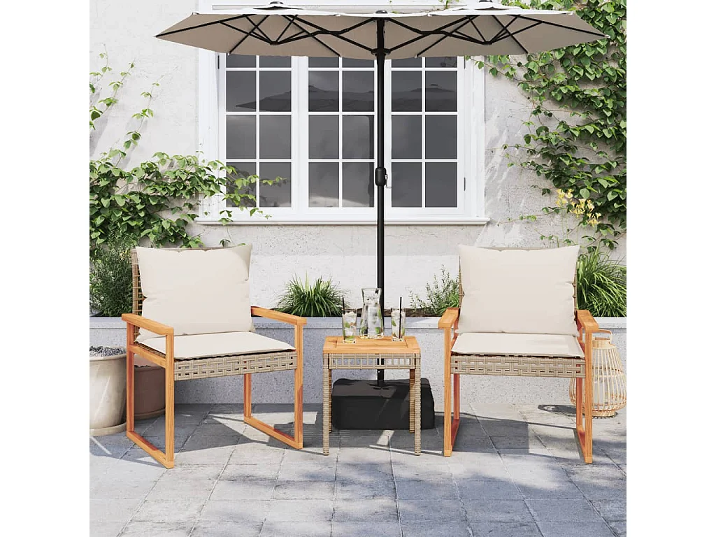 Set da Bistrò 3 pz con Cuscini Beige Misto Polyrattan e Acacia