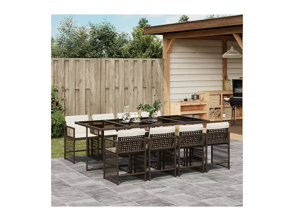Set da Pranzo da Giardino 9pz con Cuscini Marrone in Polyrattan