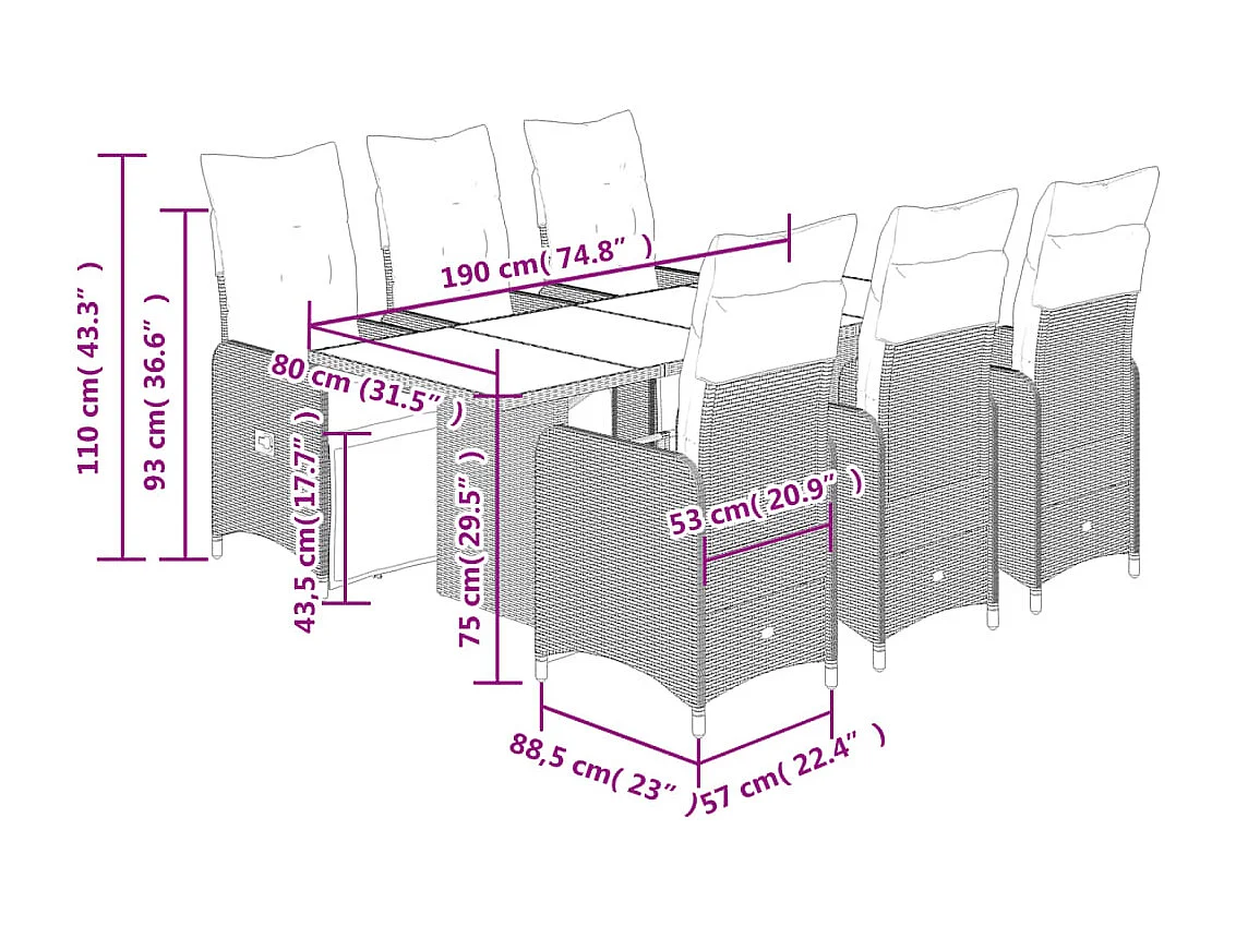 Set Bistrò da Giardino 7 pz con Cuscini in Polyrattan Marrone