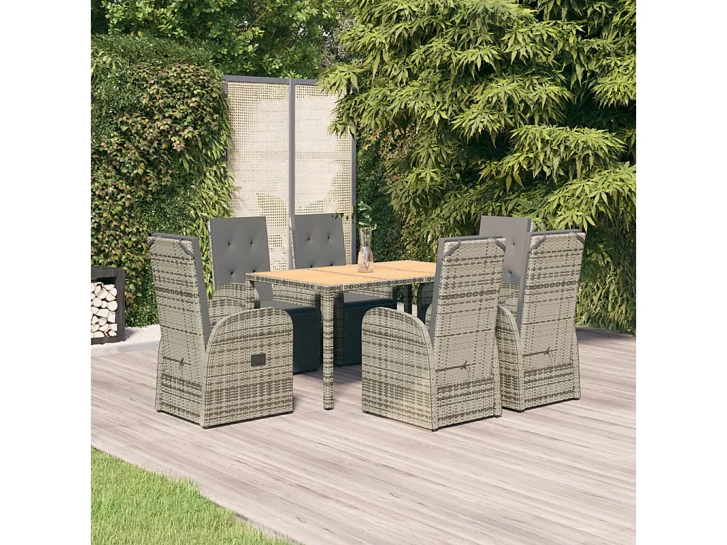 7-tlg. Garten-Essgruppe mit Kissen Grau Poly Rattan