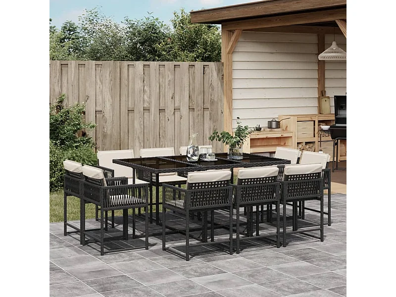 Set de comedor jardín 11 pzas con cojines ratán sintético negro