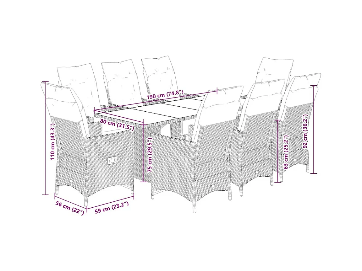 Ensemble de bistro de jardin 9 pcs coussins marron poly rotin