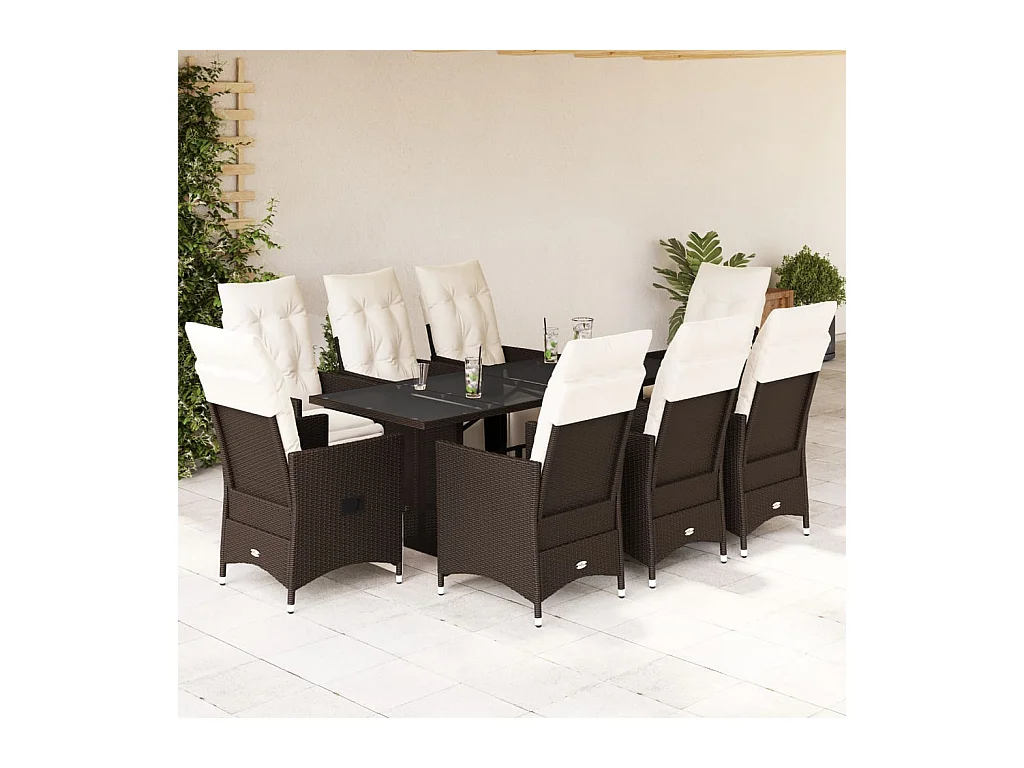 Ensemble de bistro de jardin 9 pcs coussins marron poly rotin