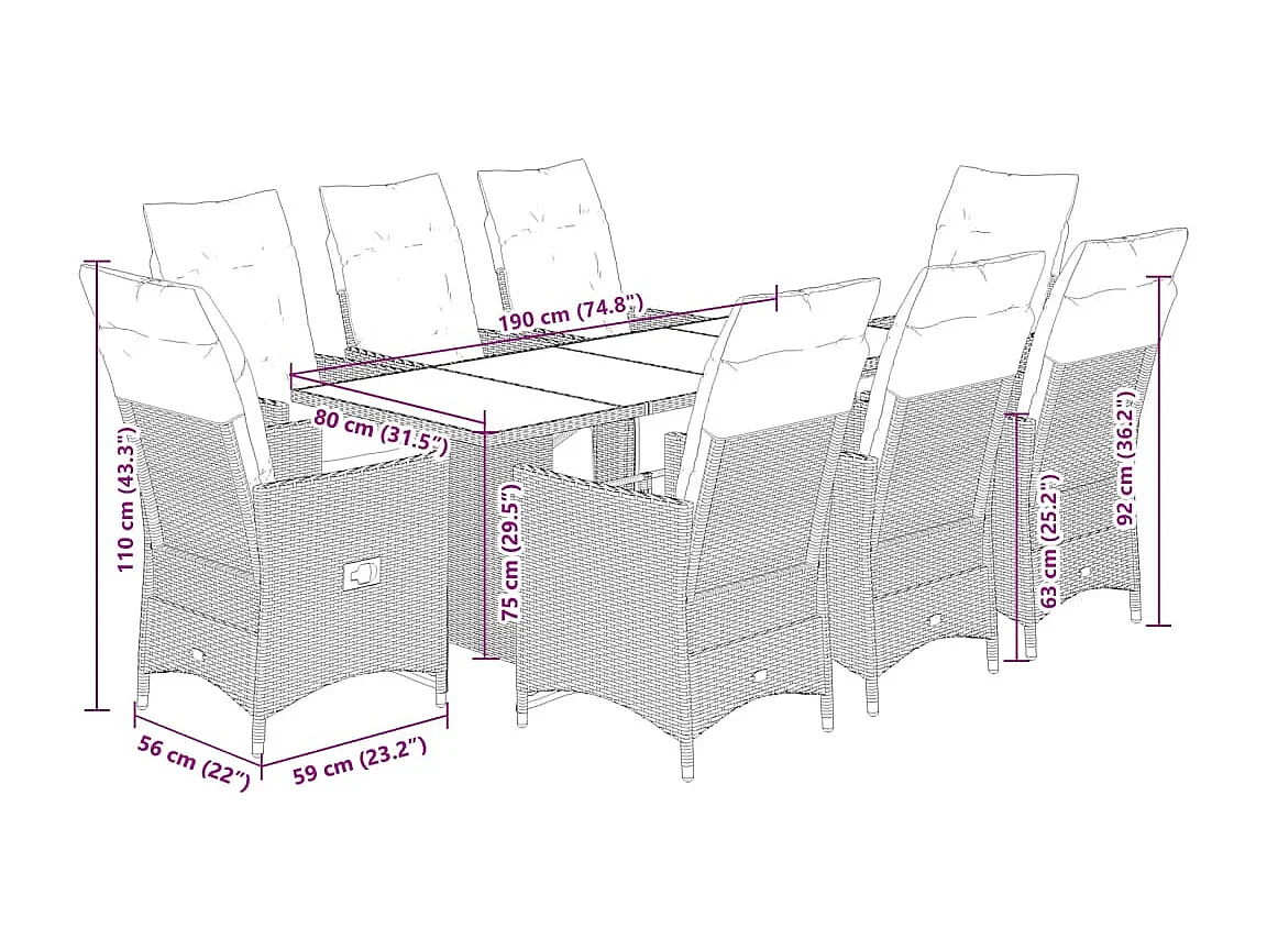 9 pcs conjunto bistrô de jardim c/ almofadões vime PE castanho