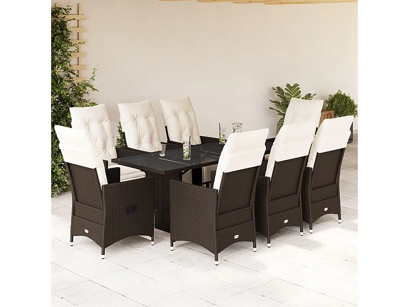 Set Bistrò da Giardino 9 pz con Cuscini in Polyrattan Marrone
