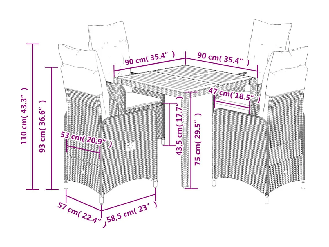 Ensemble de bistro de jardin 5 pcs coussins beige poly rotin