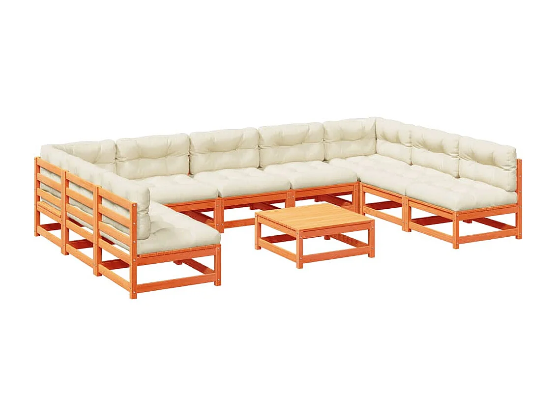 Salon de jardin 10pcs avec coussins cire marron bois pin massif