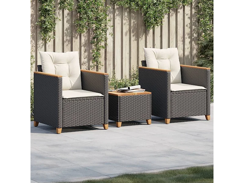 Set da Bistrò 3 pz con Cuscini Nero Polyrattan e Legno Acacia