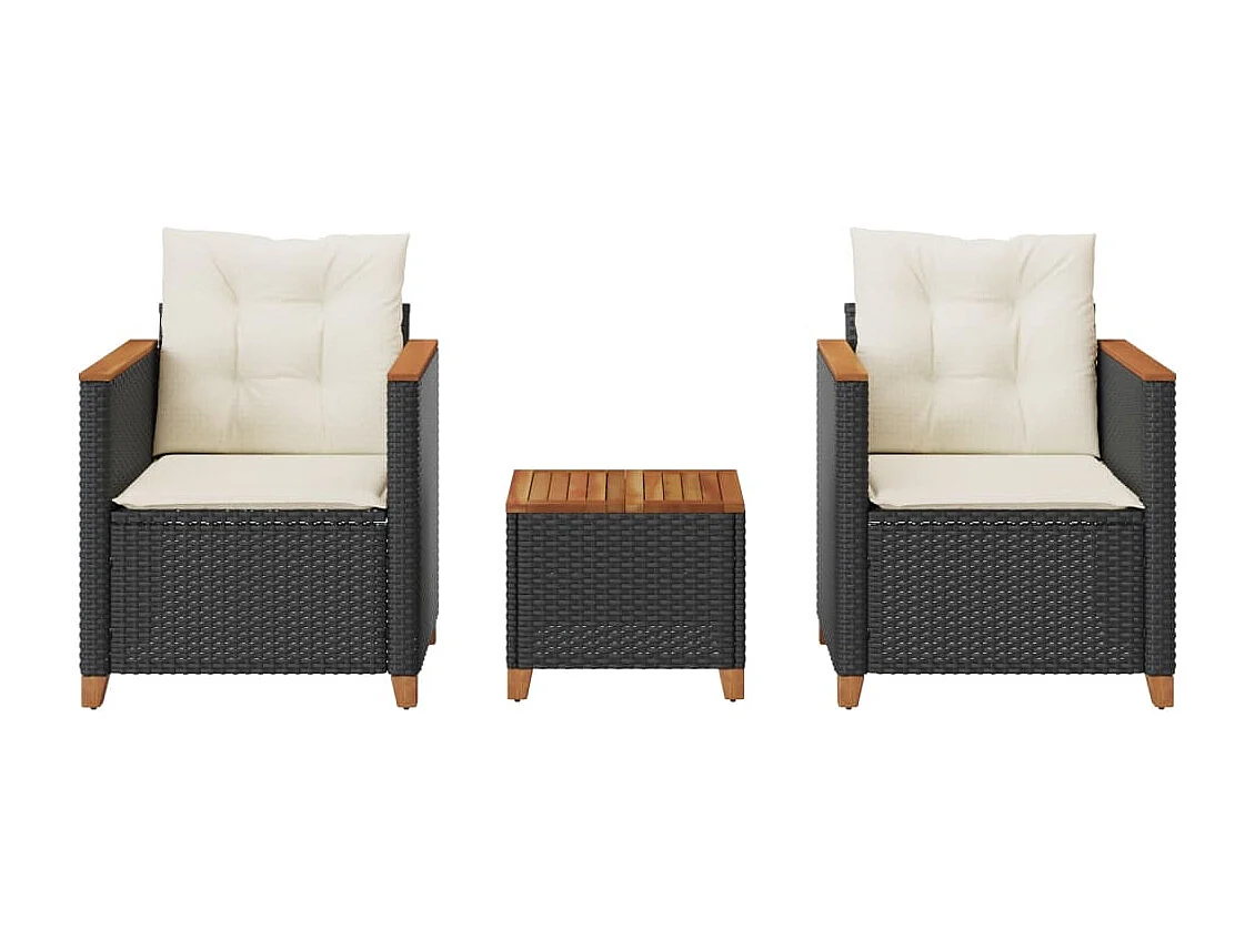 Set da Bistrò 3 pz con Cuscini Nero Polyrattan e Legno Acacia