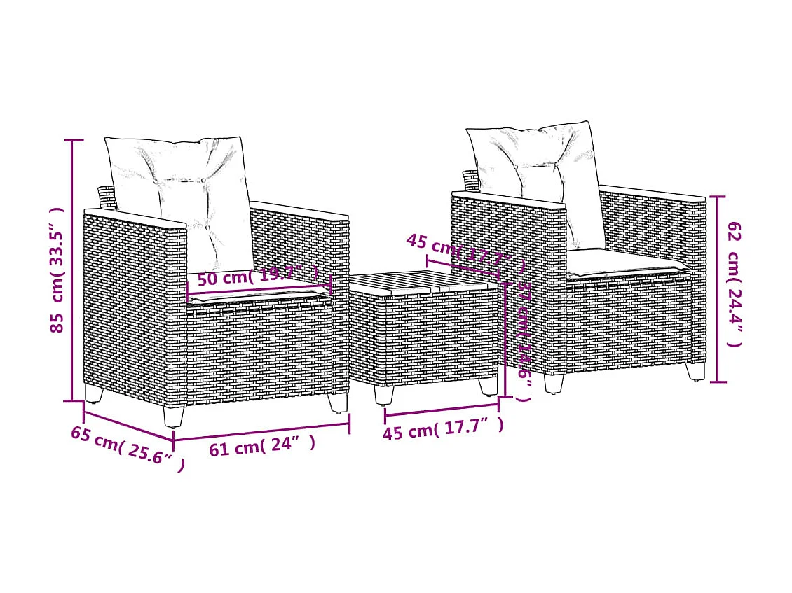 Ensemble de bistro 3 pcs et coussins noir résine tressée acacia