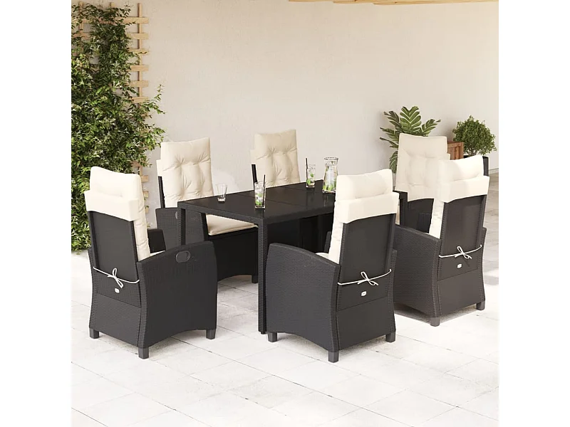 Ensemble à manger de jardin coussins 7pcs Noir Résine tressée