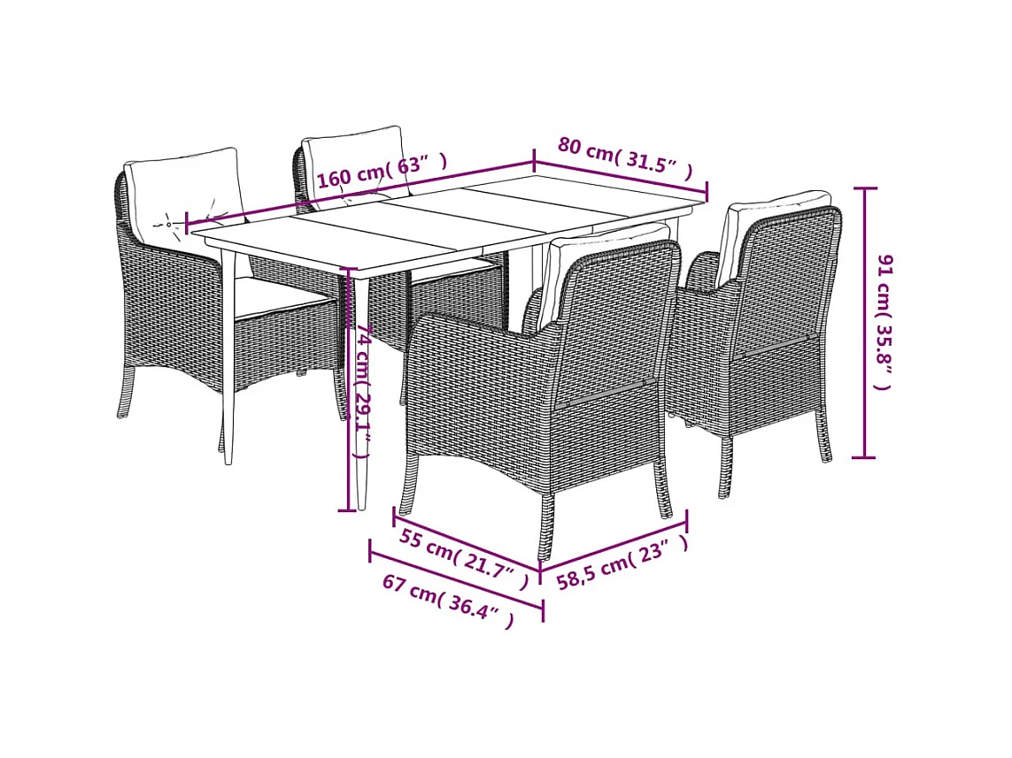 Set da Pranzo da Giardino 5 pz con Cuscini in Polyrattan Grigio