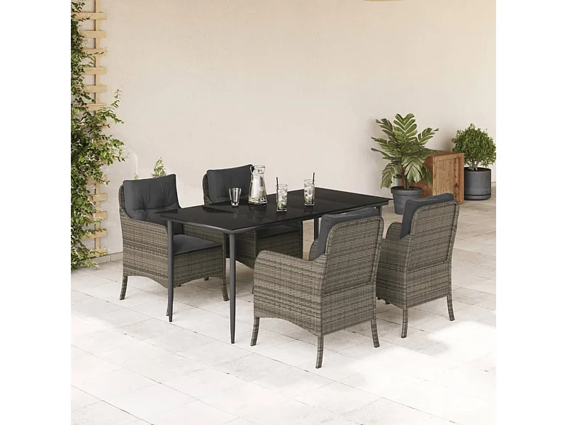 Set da Pranzo da Giardino 5 pz con Cuscini in Polyrattan Grigio