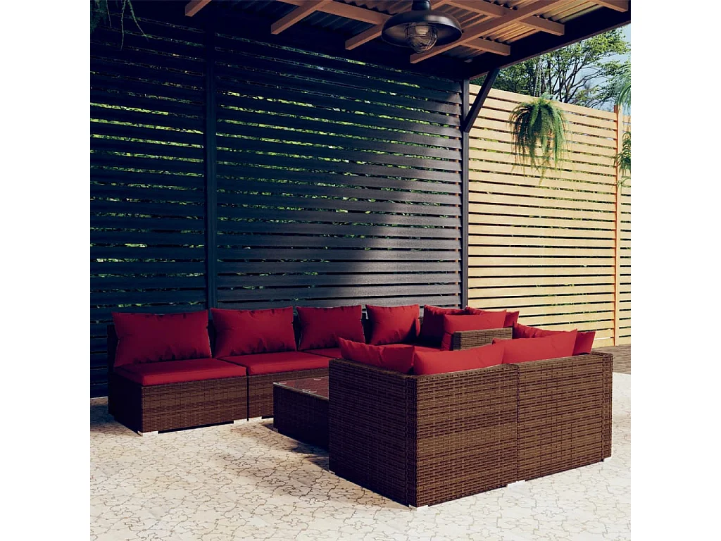 Salon de jardin avec coussins 8 pcs marron résine tressée