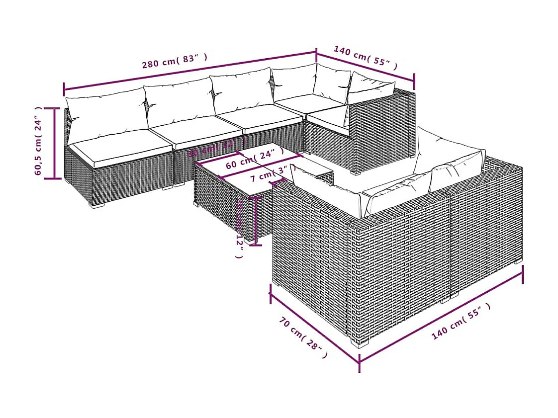 Salon de jardin avec coussins 8 pcs marron résine tressée