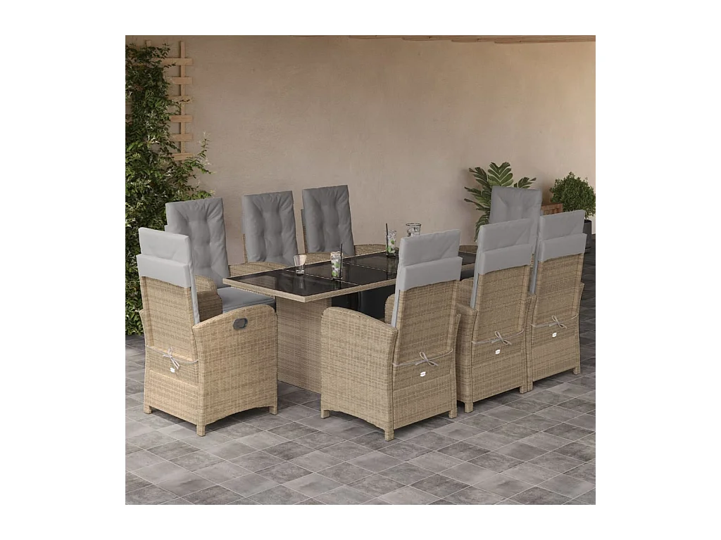 Set da Pranzo da Giardino 9 pz con Cuscini Beige in Polyrattan