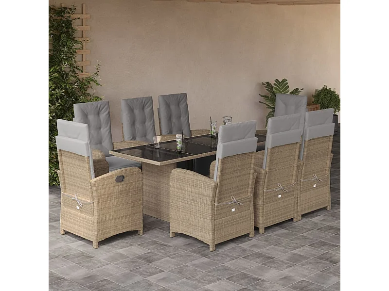 Set da Pranzo da Giardino 9 pz con Cuscini Beige in Polyrattan