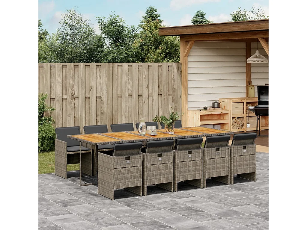 Ensemble à manger de jardin 11pcs avec coussins gris poly rotin