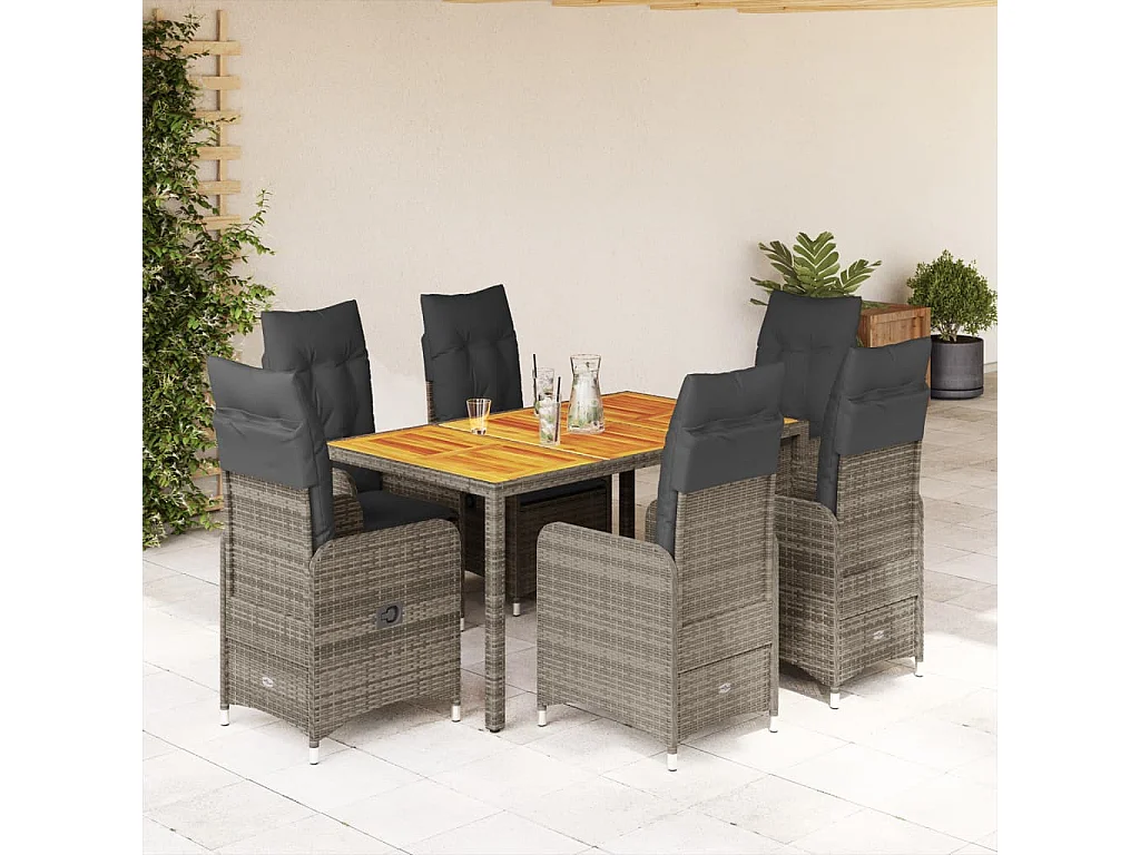 7-tlg. Garten-Bistro-Set mit Kissen Grau Poly Rattan