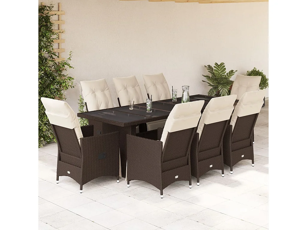 Ensemble de bistro de jardin 9 pcs coussins marron poly rotin