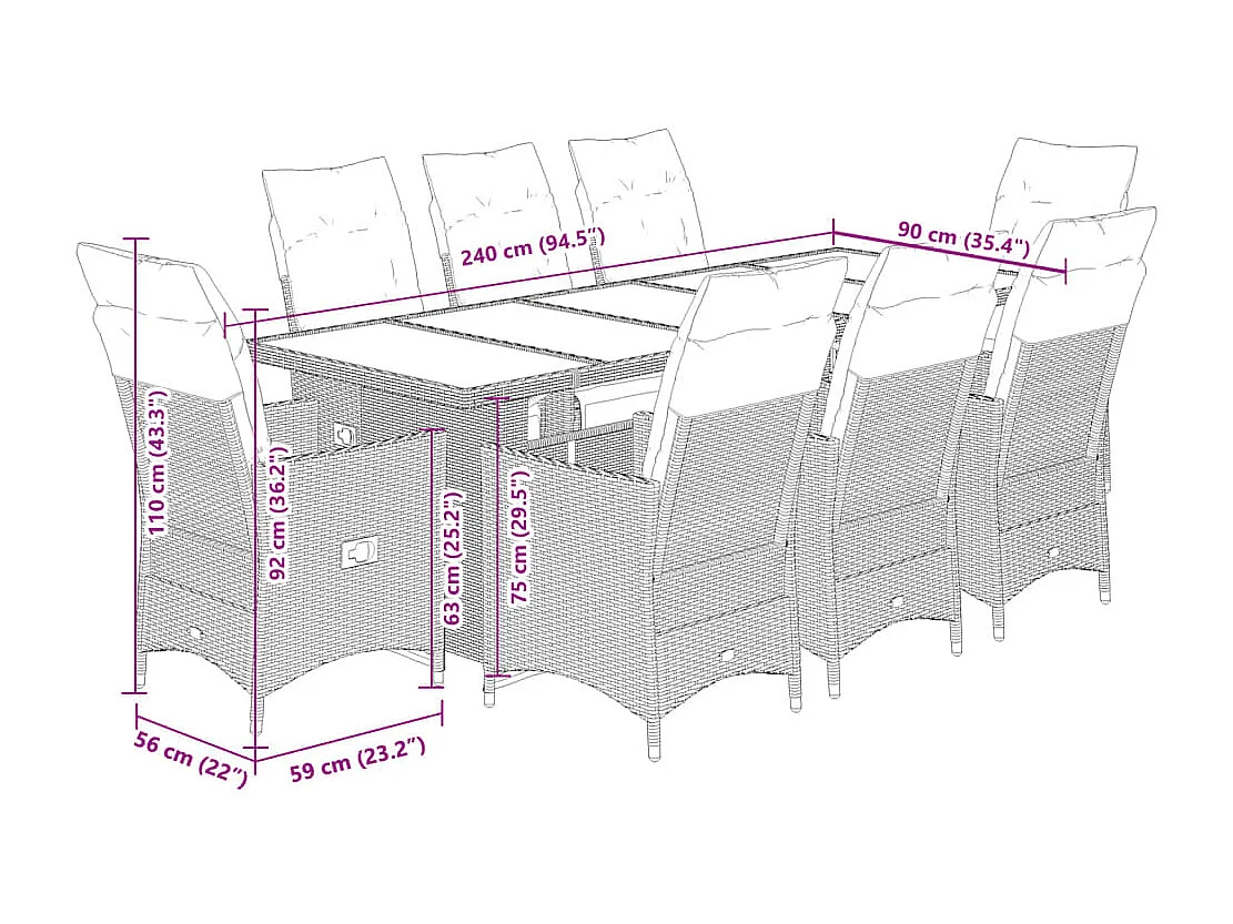 Ensemble de bistro de jardin 9 pcs coussins marron poly rotin