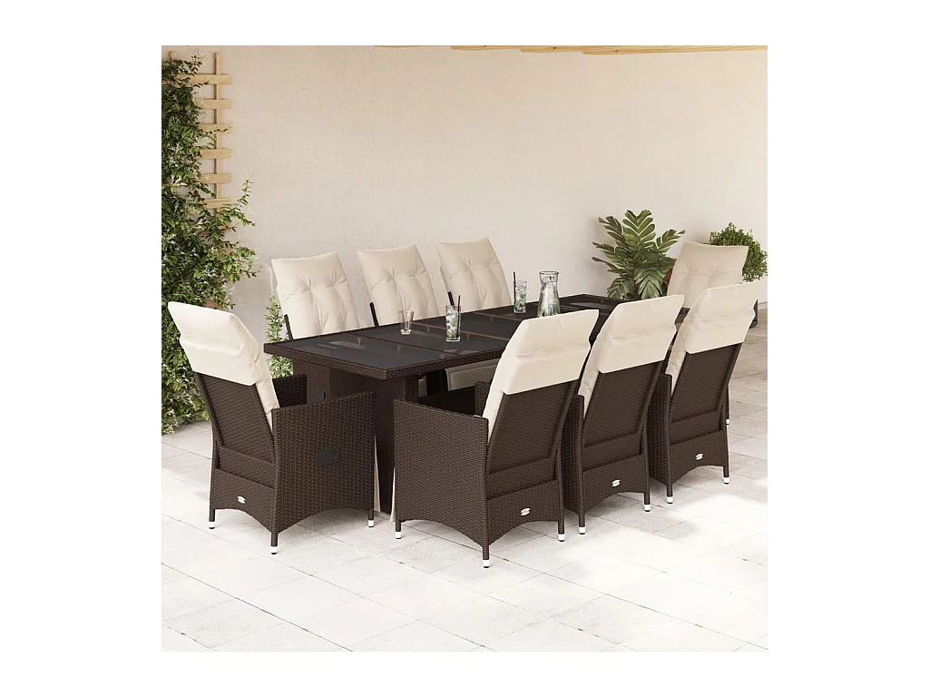 Ensemble de bistro de jardin 9 pcs coussins marron poly rotin