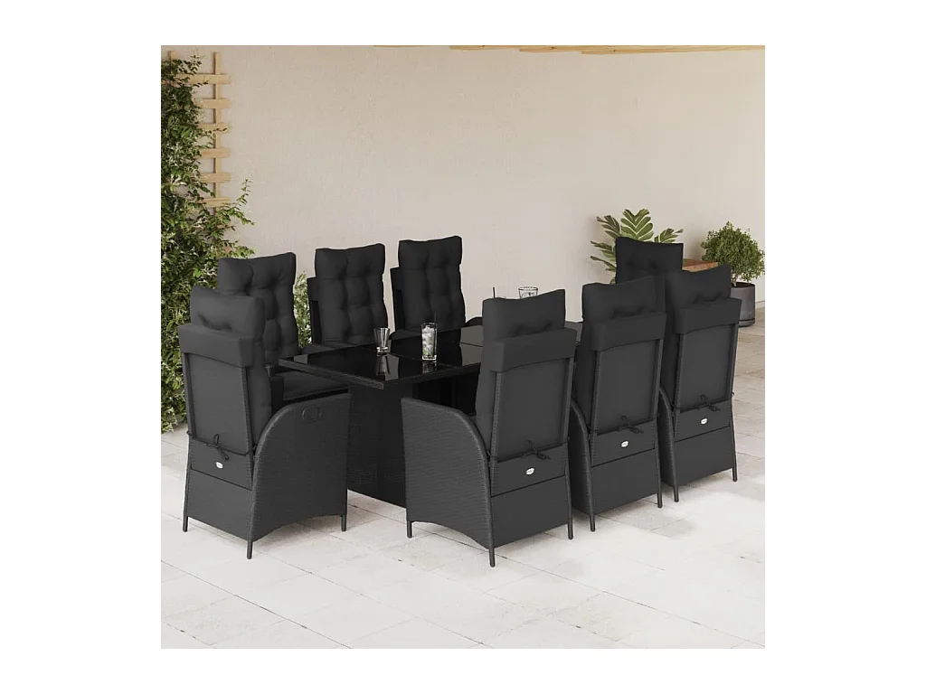 Set da Pranzo da Giardino 9 pz con Cuscini Nero in Polyrattan