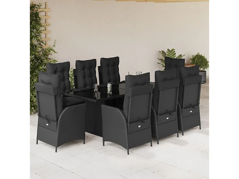 Ensemble à manger de jardin 9pcs coussins noir résine tressée