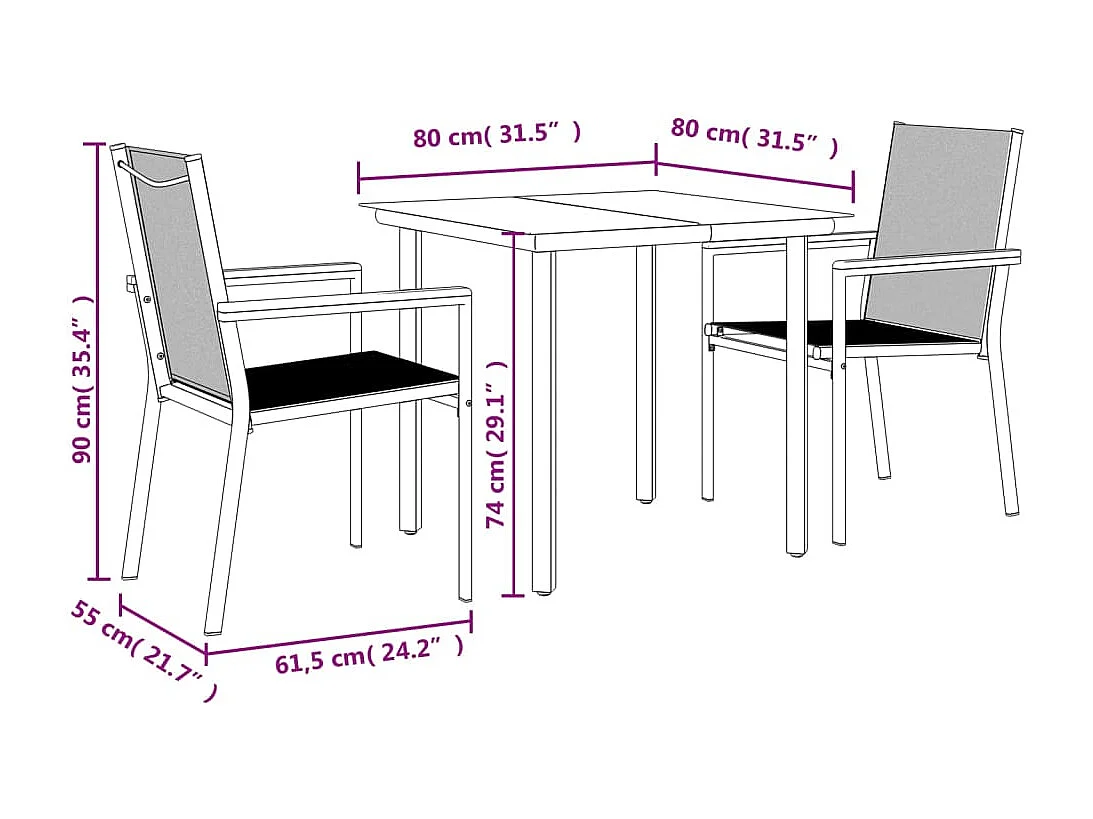 Set da Pranzo da Giardino 3 pz Nero in Textilene e Acciaio